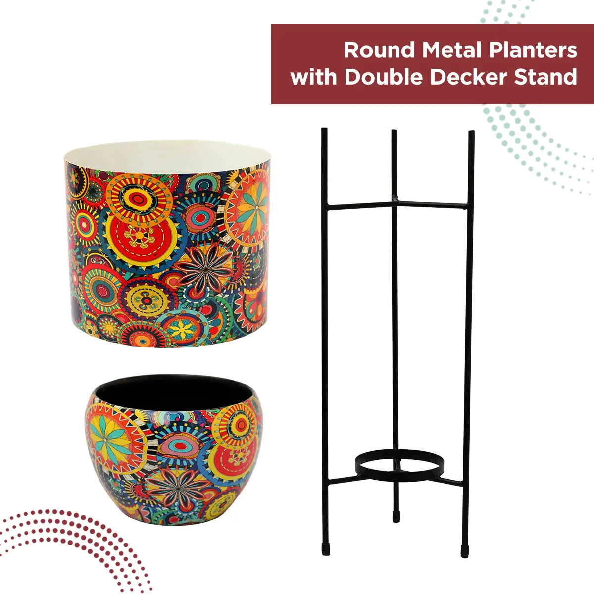 Casa De Amor Round Metal Planters with Double Decker Stand for Indoor Plants on the Floor