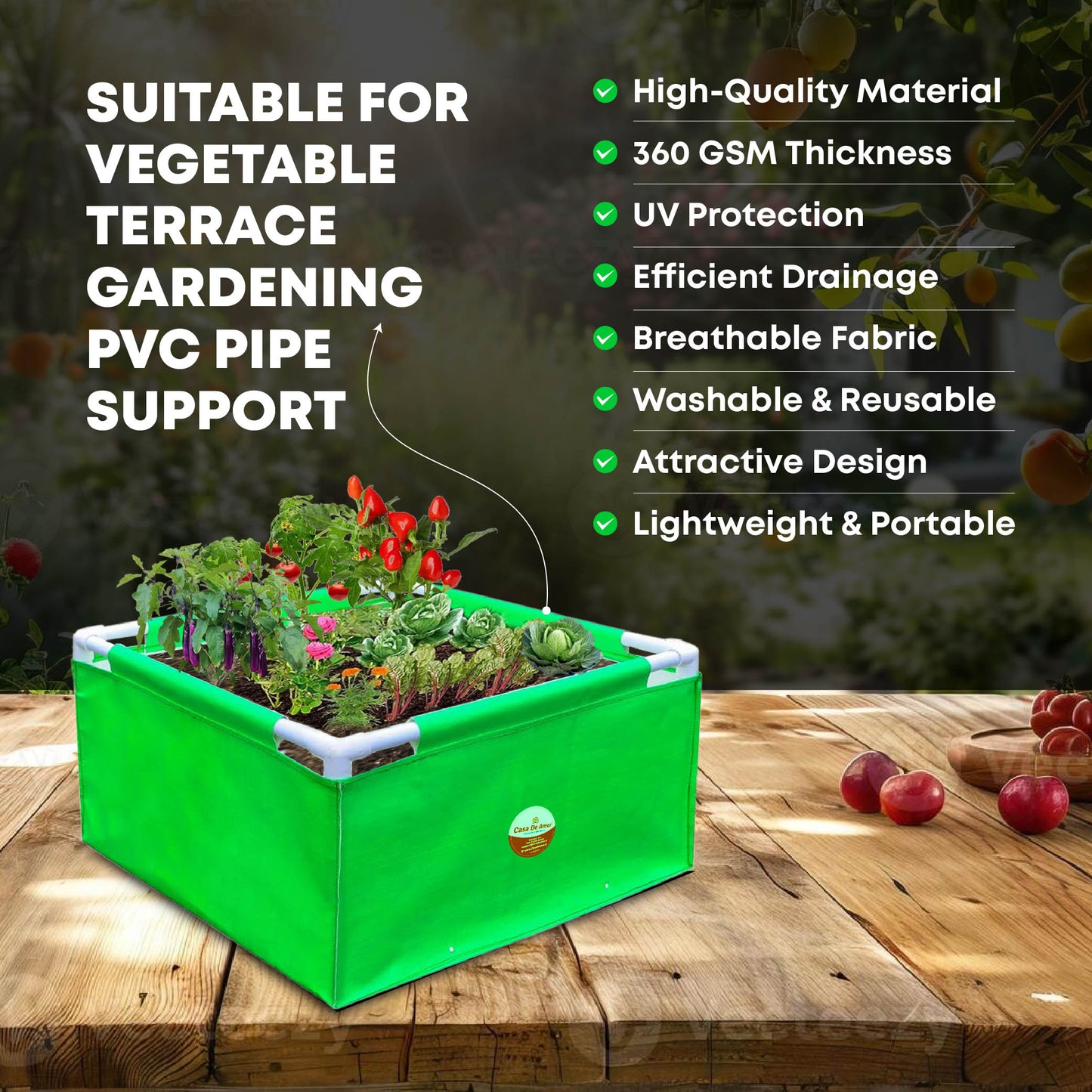 Casa De Amor HDPE UV Protected 260 GSM Green Grow Bags Rectangular Suitable for Vegetable Terrace Gardening (2x2x1 Feet, Pack of 1)