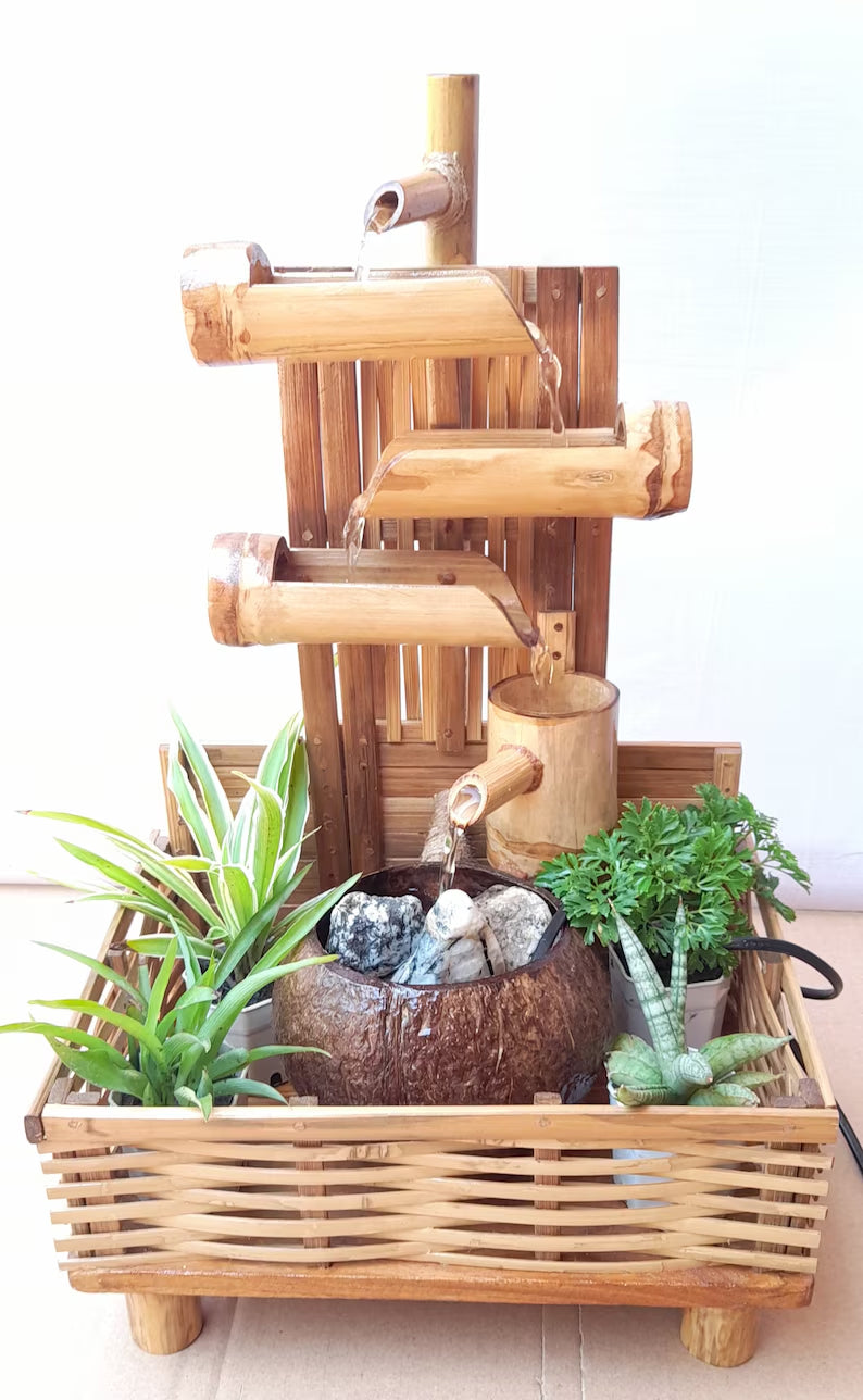 Casa De Amor Indoor Tabletop Bamboo Water Fountain – Coconut Shell Bet Style Zen Waterfall | Handmade Natural Bamboo Decor for Home, Office & Meditation Space