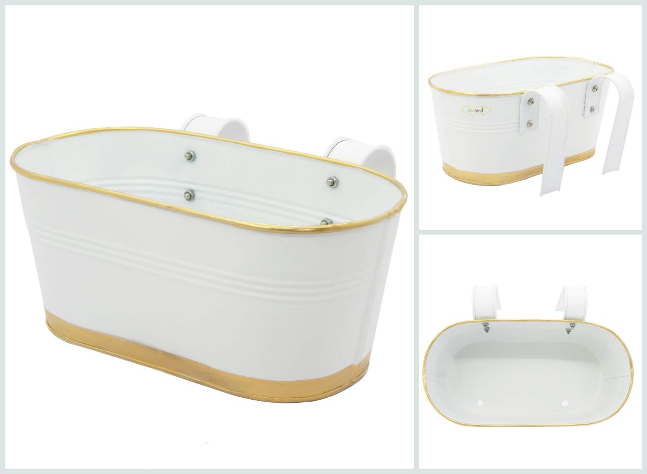 Casa De Amor Oval Rectangular Metal Plant Pots for Balcony Railing, 12 Inches (White, Set of 6)