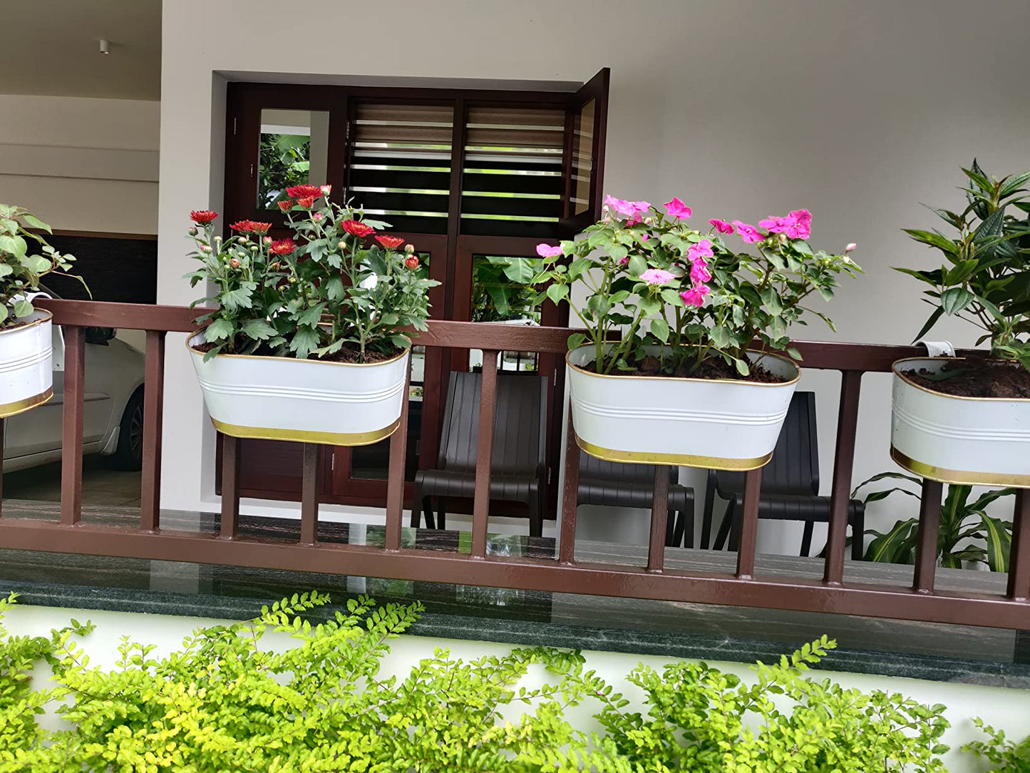 Casa De Amor Oval Rectangular Metal Plant Pots for Balcony Railing, 12 Inches (White, Set of 6)