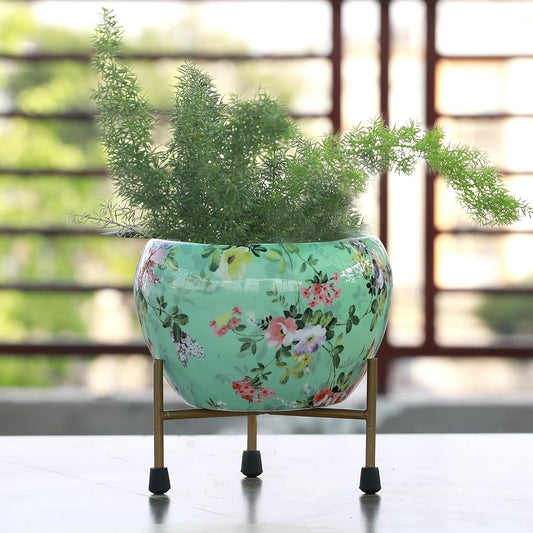 Casa De Amor Printed Planter Flower Pot Container with Iron Stand for Home & Garden Decor (1 Pot & 1 Stand)