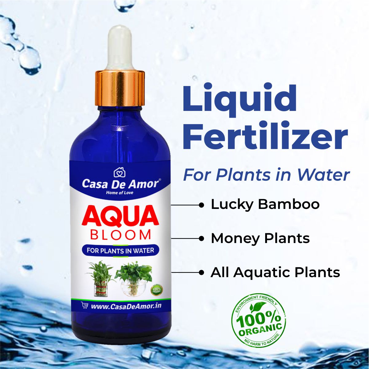 Casa De Amor- Aqua Bloom - Liquid Fertilizer for Lucky Bamboo, Money Plants & Aquatic Plants (in Water) 100 ml Premium Glass bottle with Glass dropper