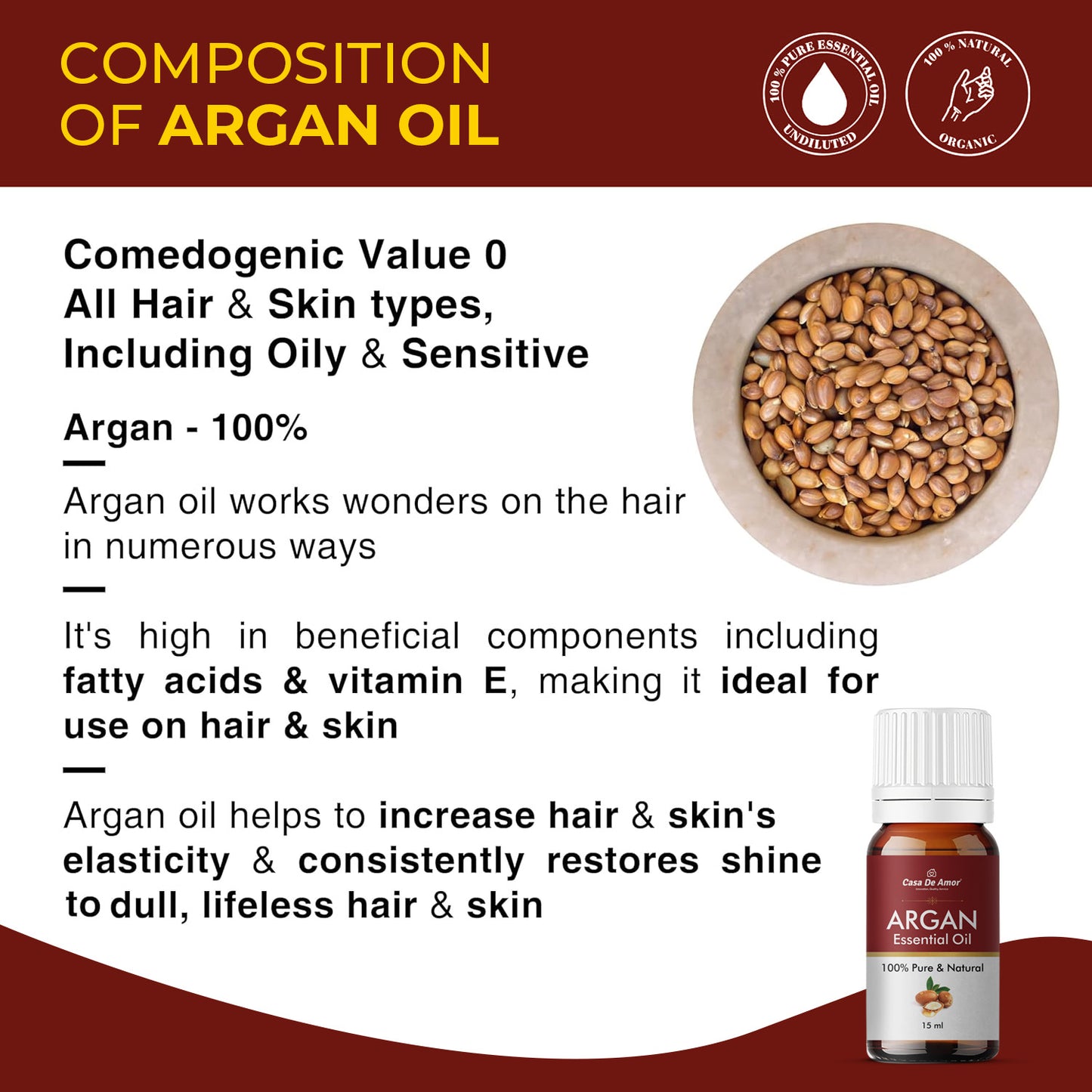 Casa De Amor Argan Oil | Hair Growth, Healthy Hair, Skin Moisturizing, Stretch Marks, Nails & Lips, Eye Puffiness for Men & Women |100% Pure, Organic & Natural | 15 ML