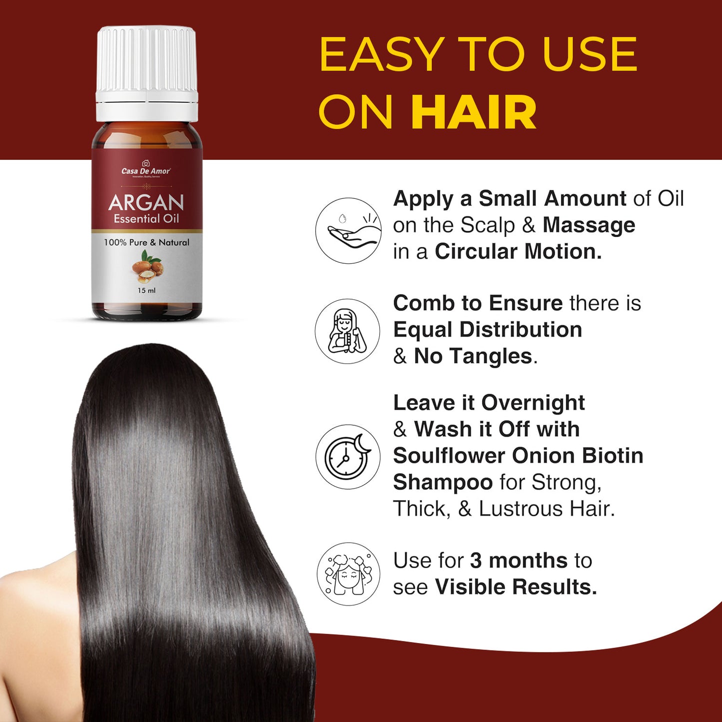 Casa De Amor Argan Oil | Hair Growth, Healthy Hair, Skin Moisturizing, Stretch Marks, Nails & Lips, Eye Puffiness for Men & Women |100% Pure, Organic & Natural | 15 ML