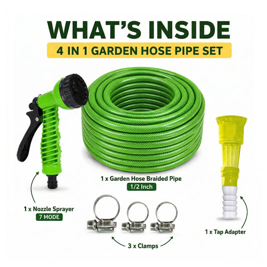 Casa De Amor 1/2 Inch Braided Garden Hose Pipe with Tap Adapter, Clamps & Spray Gun (7 Mode)