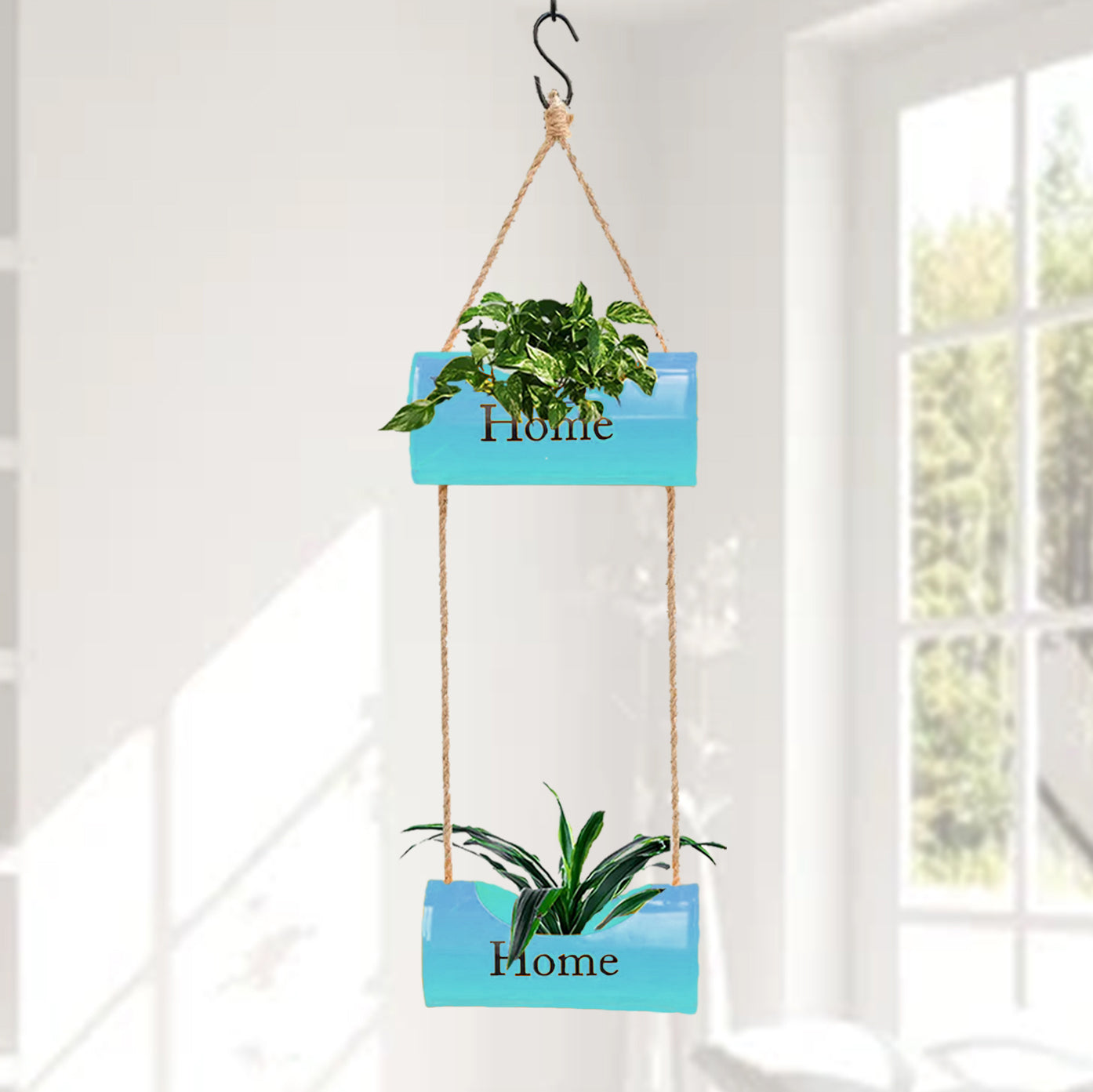 Casa De Amor Two-Tiered Yellow Hanging Metal Planter with Jute Ropes