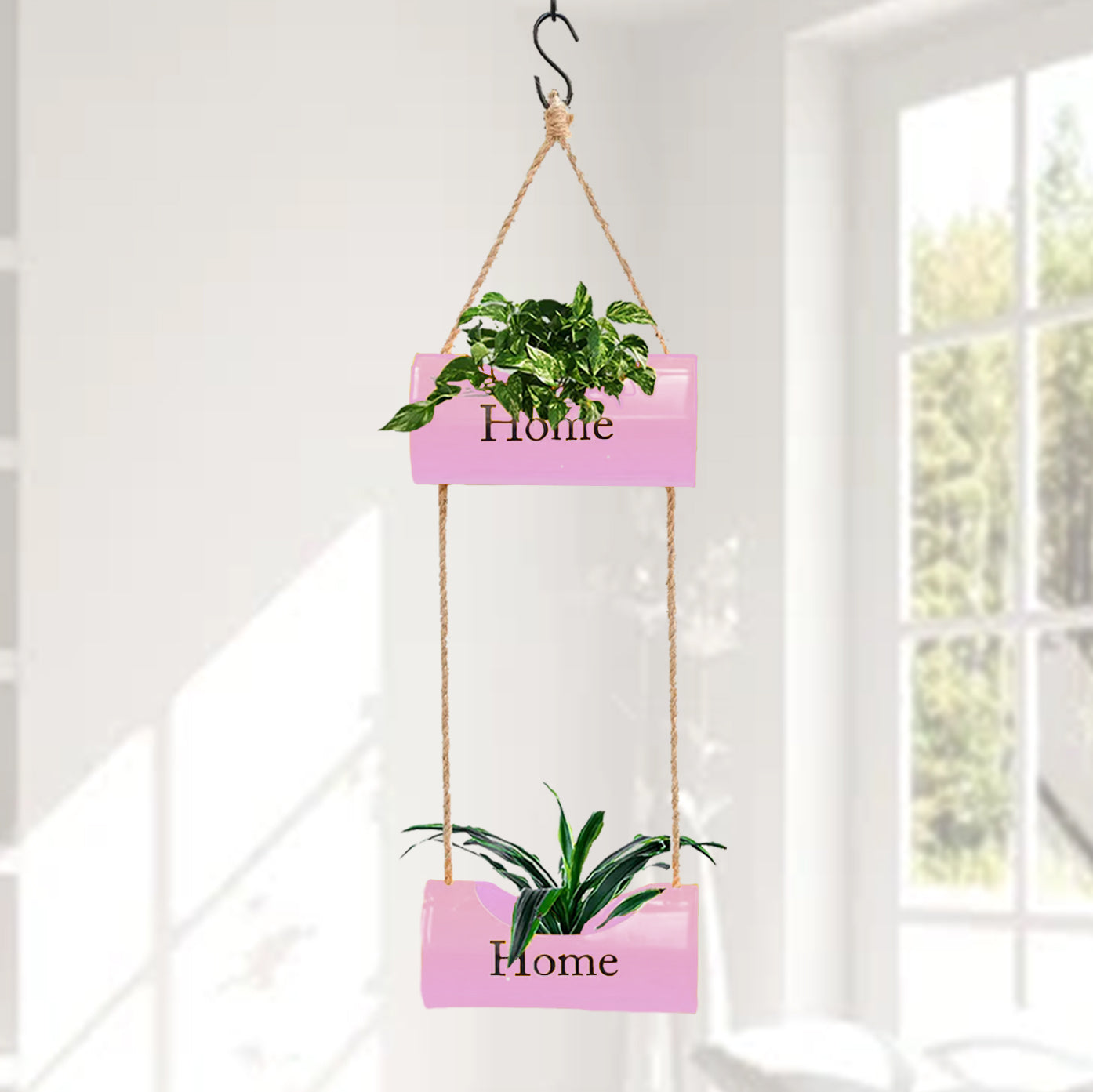 Casa De Amor Two-Tiered Yellow Hanging Metal Planter with Jute Ropes