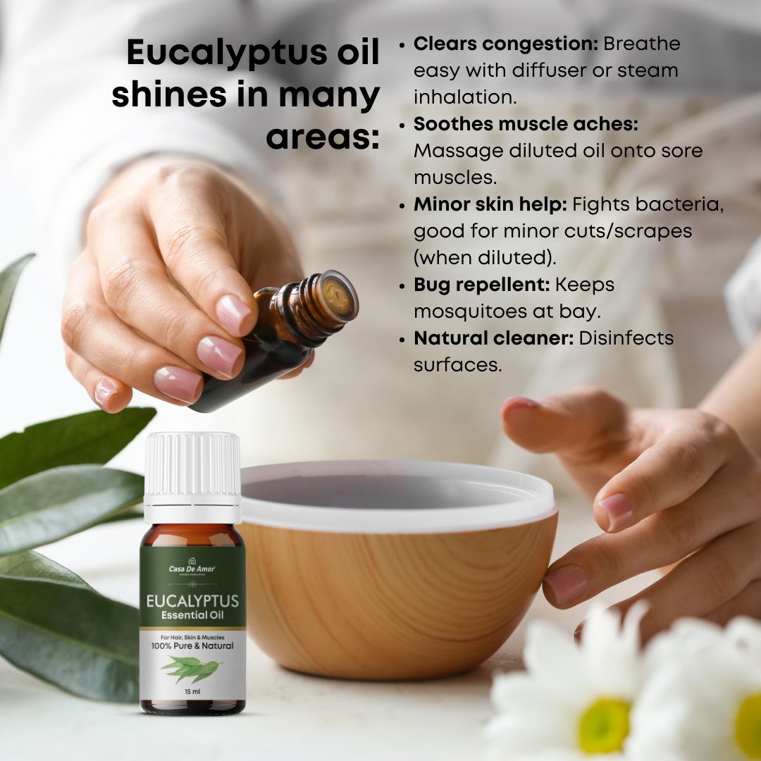 Casa De Amor Organic Nilgiris Eucalyptus Oil, Pure, Refreshing, and Versatile Essential Oil (15 ml)