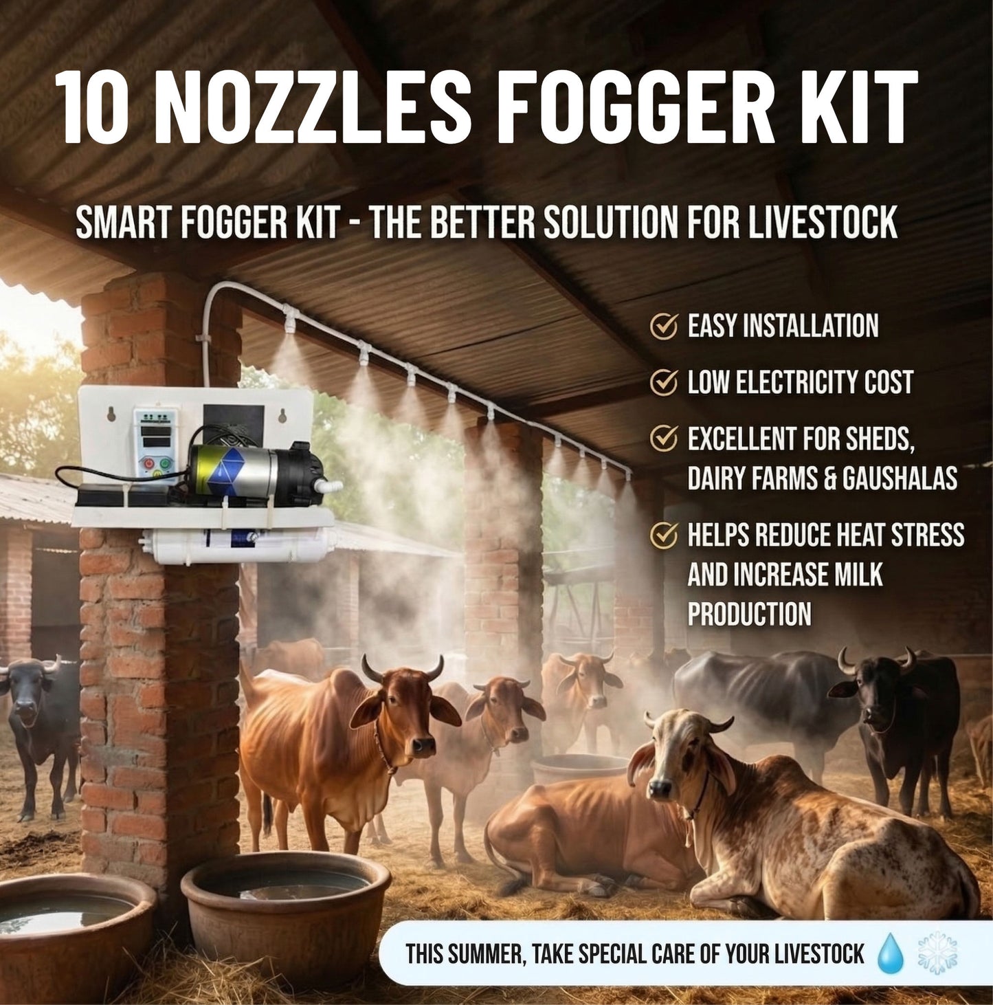 Casa De Amor High Pressure Fogger Kit with 10 Nozzles | Smart Timer Control Misting System | Outdoor Cooling, Terrace, Greenhouse, Dairy & Garden Use | Complete Kit with Pump, Pipe & Accessories