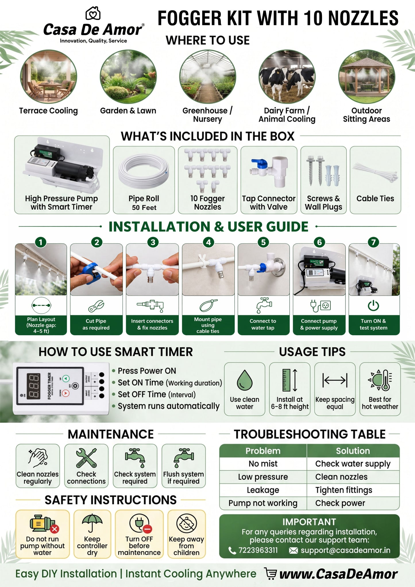 Casa De Amor High Pressure Fogger Kit with 10 Nozzles | Smart Timer Control Misting System | Outdoor Cooling, Terrace, Greenhouse, Dairy & Garden Use | Complete Kit with Pump, Pipe & Accessories