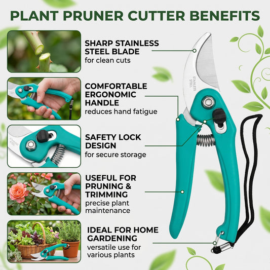 Casa De Amor Plant Pruner Cutter 1 Pc, Stainless Steel Garden Pruning Shear with Safety Lock, Sharp Blade & Ergonomic Handle for Plant, Branch, Leaf & Stem Cutting
