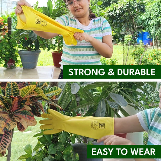 Casa De Amor Long Heavy Duty Latex Rubber Gardening Gloves – Waterproof & Reusable Garden Gloves for Home, Farming, Agriculture & Dairy Use – 0.55mm Thick, Yellow (1 Pair)