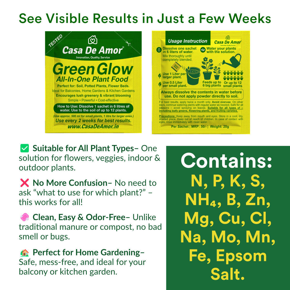 Casa De Amor Green Glow All‑In‑One Plant Food – 200g | 10 Sachets | Complete NPK + Micronutrients for Fast Growth & Greener Leaves