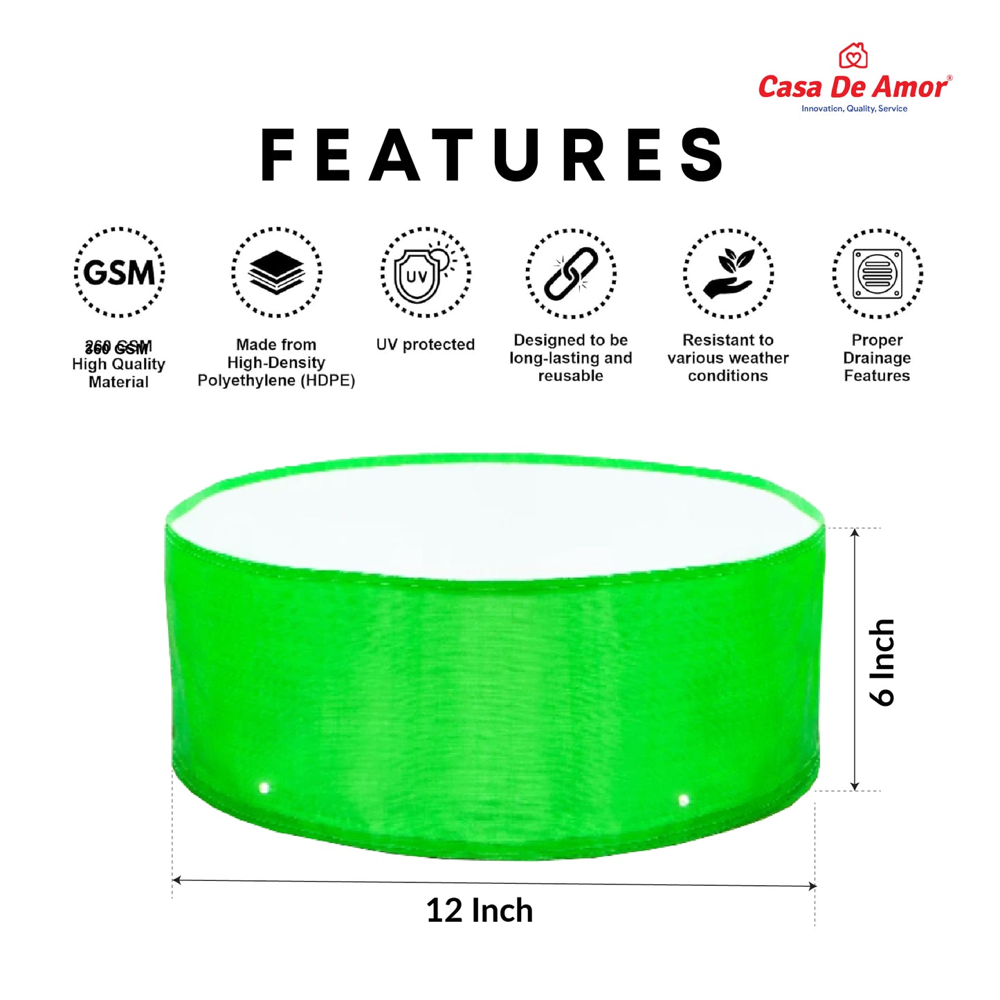 Casa De Amor 12X6 Inch HDPE Green Grow Bags UV Protected Round Suitable for Vegetable Terrace Gardening, 260 GSM