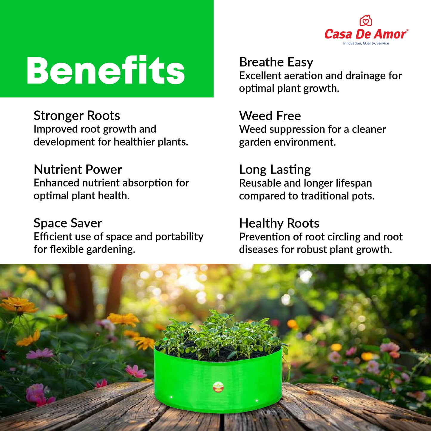 Casa De Amor 12X6 Inch HDPE Green Grow Bags UV Protected Round Suitable for Vegetable Terrace Gardening, 260 GSM
