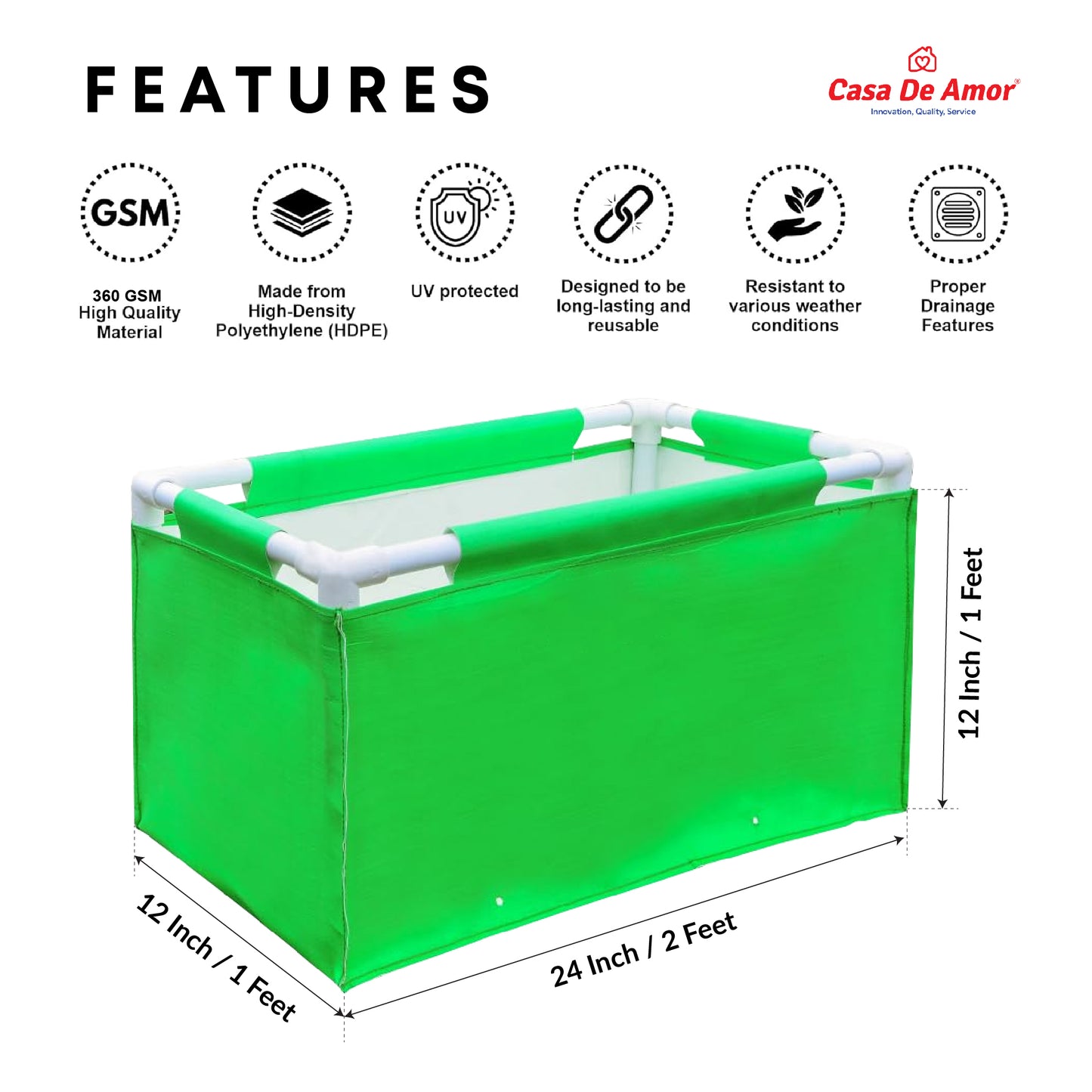 Casa De Amor HDPE UV Protected 260 GSM Green Grow Bags Rectangular Suitable for Vegetable Terrace Gardening (2x1x1 Feet, Pack of 1)
