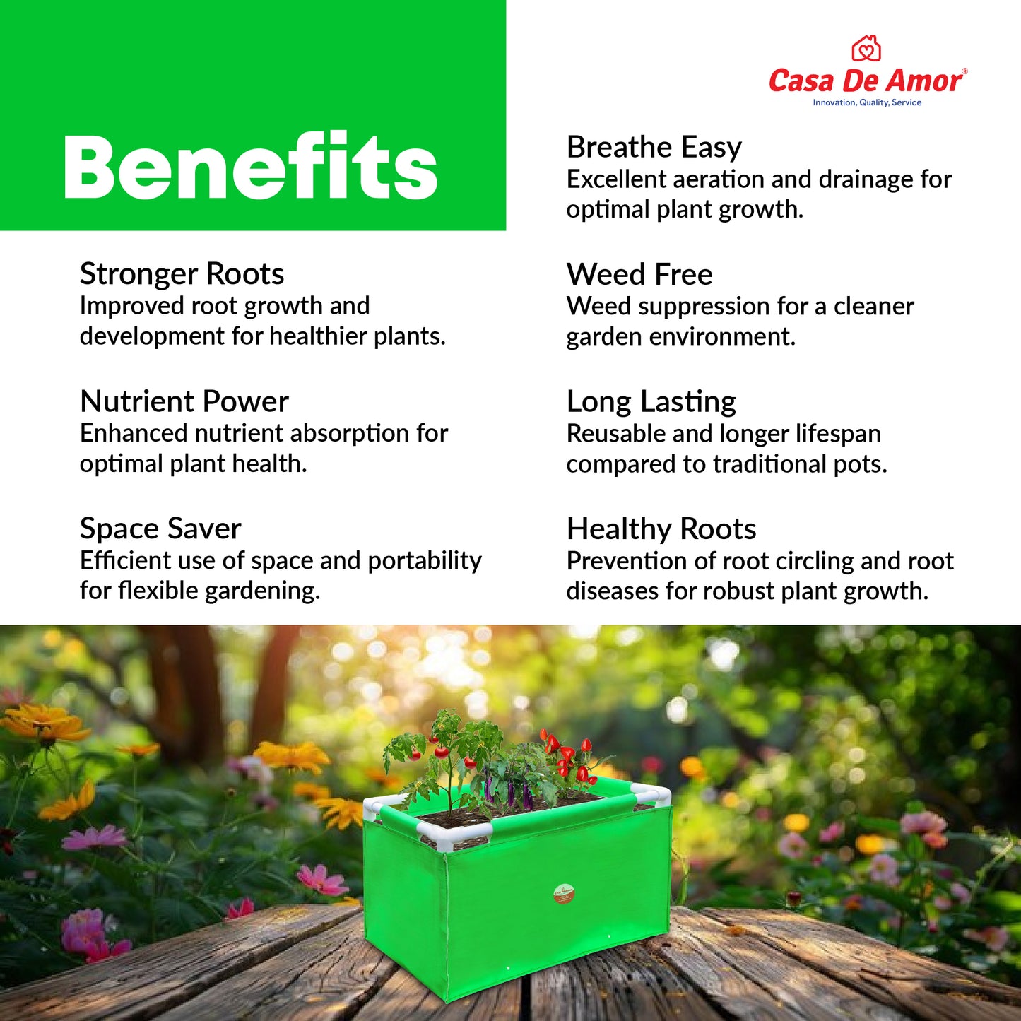 Casa De Amor HDPE UV Protected 260 GSM Green Grow Bags Rectangular Suitable for Vegetable Terrace Gardening (2x1x1 Feet, Pack of 1)