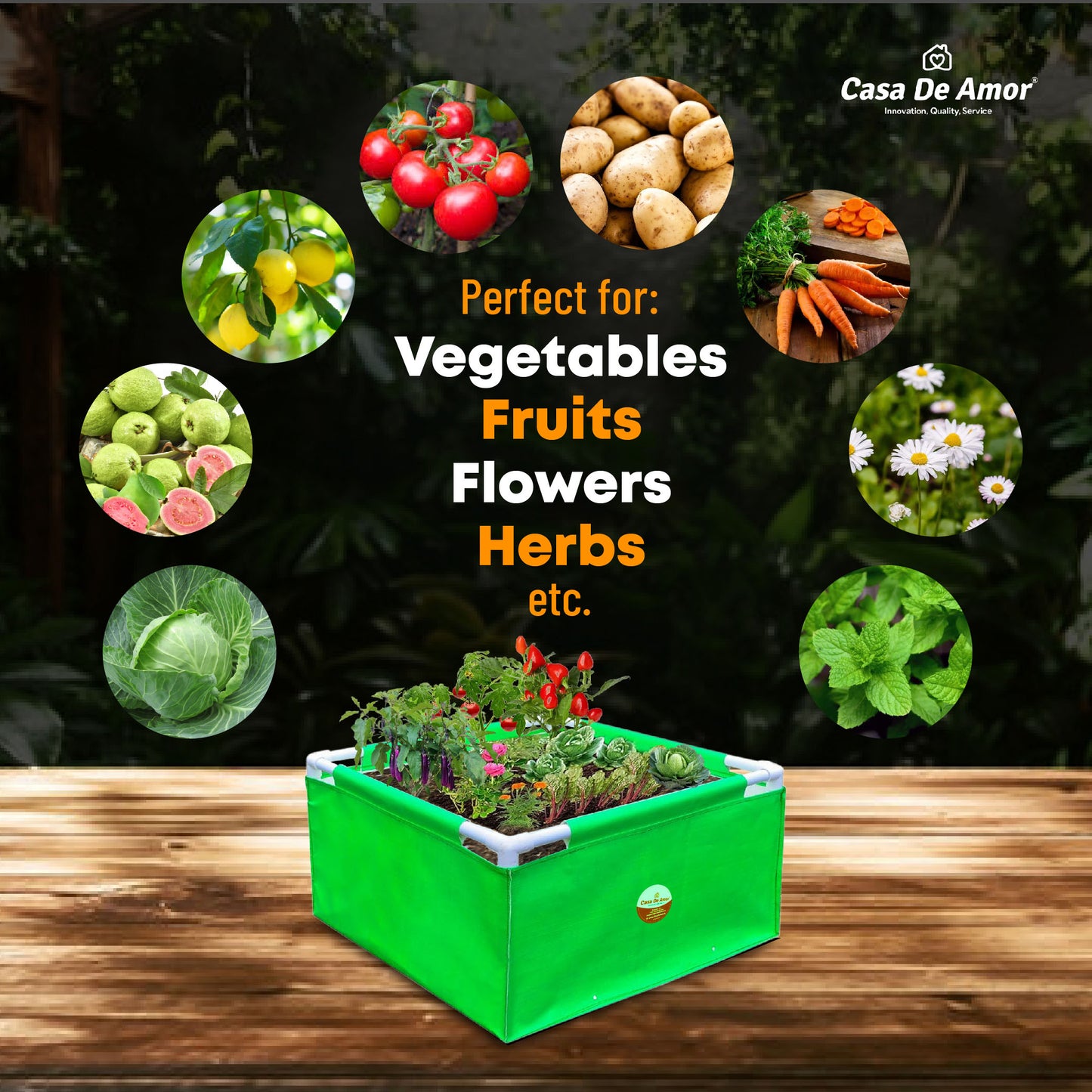 Casa De Amor HDPE UV Protected 260 GSM Green Grow Bags Rectangular Suitable for Vegetable Terrace Gardening (2x2x1 Feet, Pack of 1)