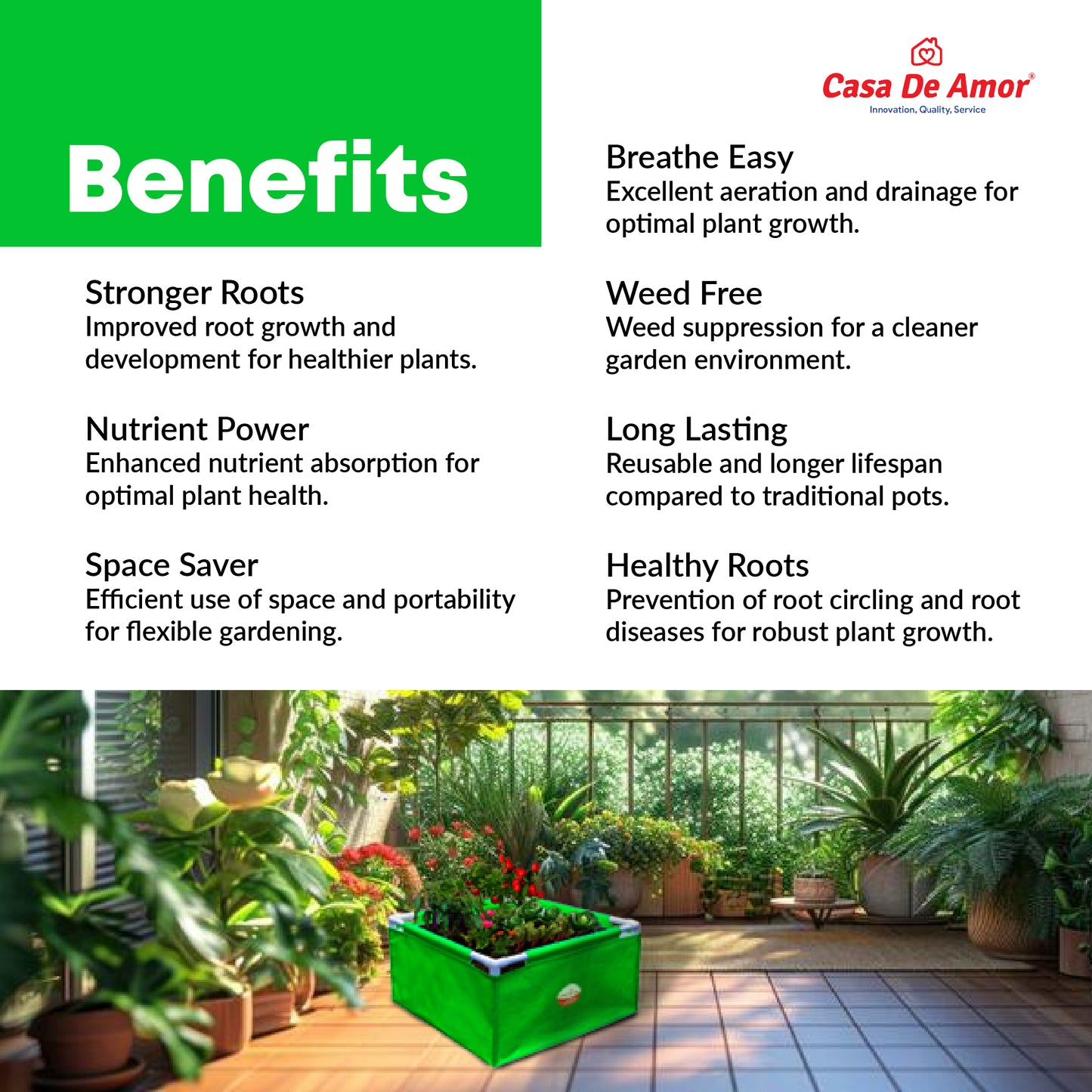 Casa De Amor HDPE UV Protected 260 GSM Green Grow Bags Rectangular Suitable for Vegetable Terrace Gardening (2x2x1 Feet, Pack of 1)