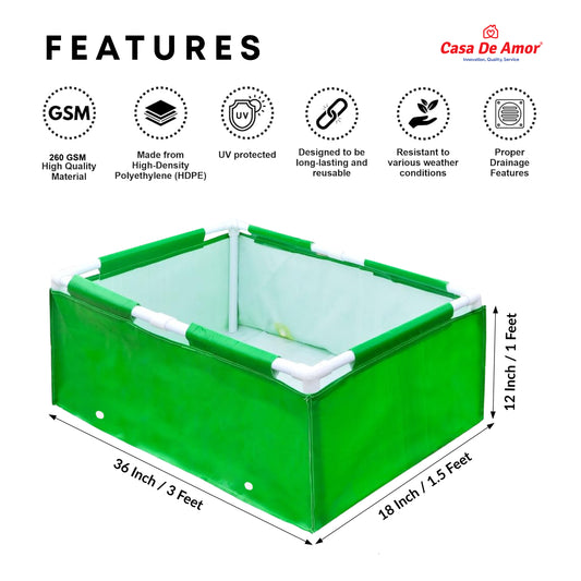 Casa De Amor HDPE UV Protected 260 GSM Green Grow Bags Rectangular Suitable for Vegetable Terrace Gardening (3x1.5x1 Feet, Pack of 1)