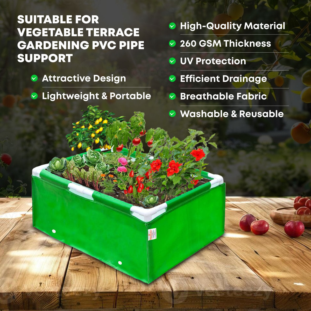 Casa De Amor HDPE UV Protected 260 GSM Green Grow Bags Rectangular Suitable for Vegetable Terrace Gardening (3x1.5x1 Feet, Pack of 1)