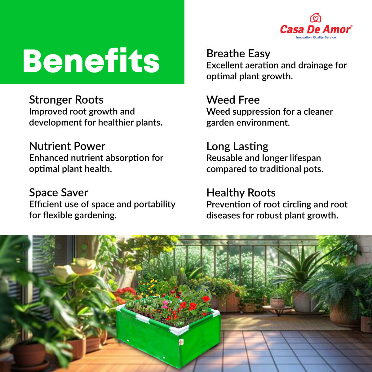Casa De Amor HDPE UV Protected 260 GSM Green Grow Bags Rectangular Suitable for Vegetable Terrace Gardening (3x1.5x1 Feet, Pack of 1)