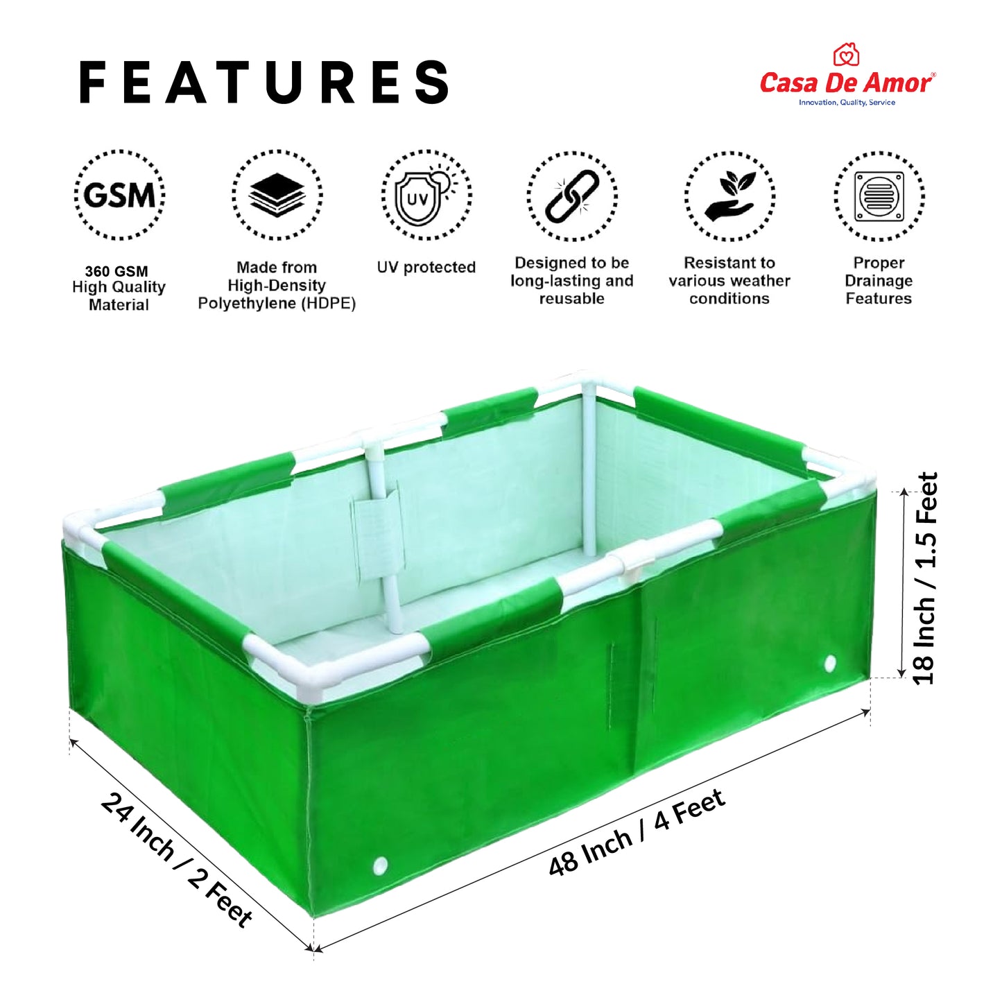 Casa De Amor HDPE UV Protected 260 GSM Green Grow Bags Rectangular Suitable for Vegetable Terrace Gardening (4x2x1.5 Feet, Pack of 1)
