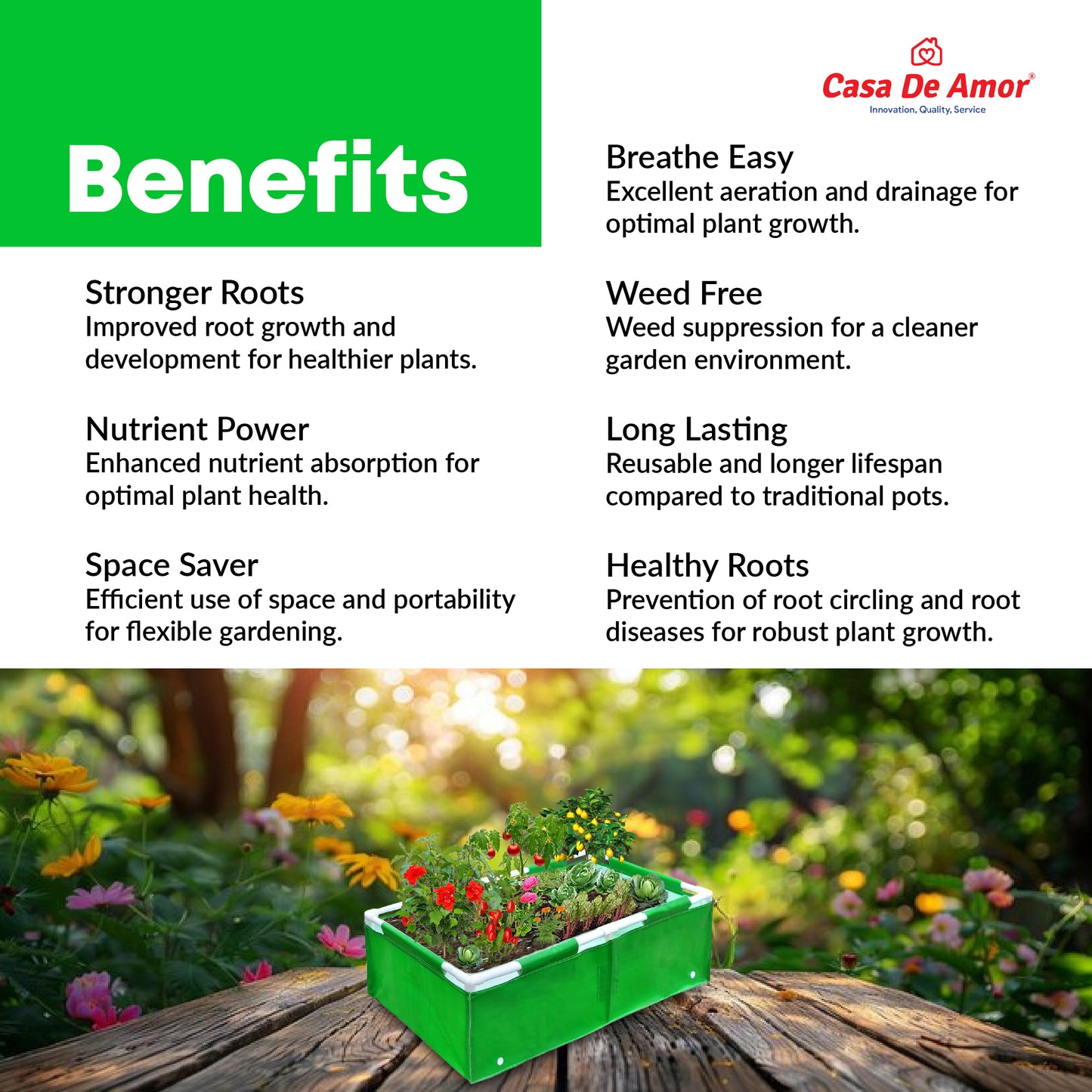 Casa De Amor HDPE UV Protected 260 GSM Green Grow Bags Rectangular Suitable for Vegetable Terrace Gardening (4x2x1.5 Feet, Pack of 1)