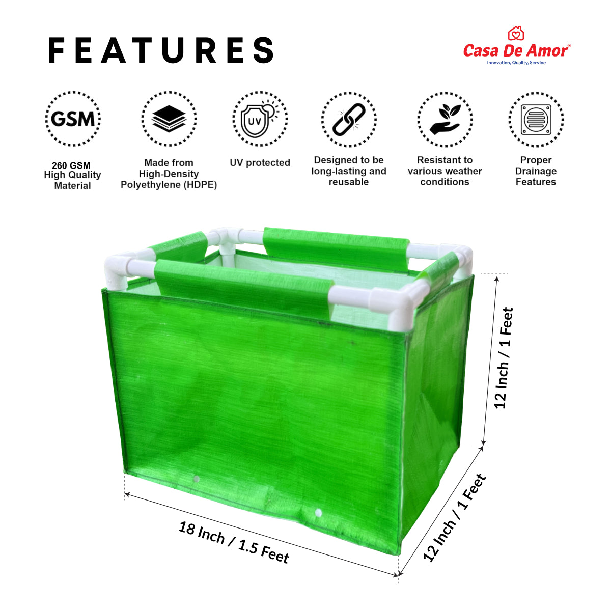 Casa De Amor 260 GSM HDPE Rectangular Grow Bag with PVC Pipe Support - 1.5x1x1 Feet, UV Protected, Green Color (Pack of 1)