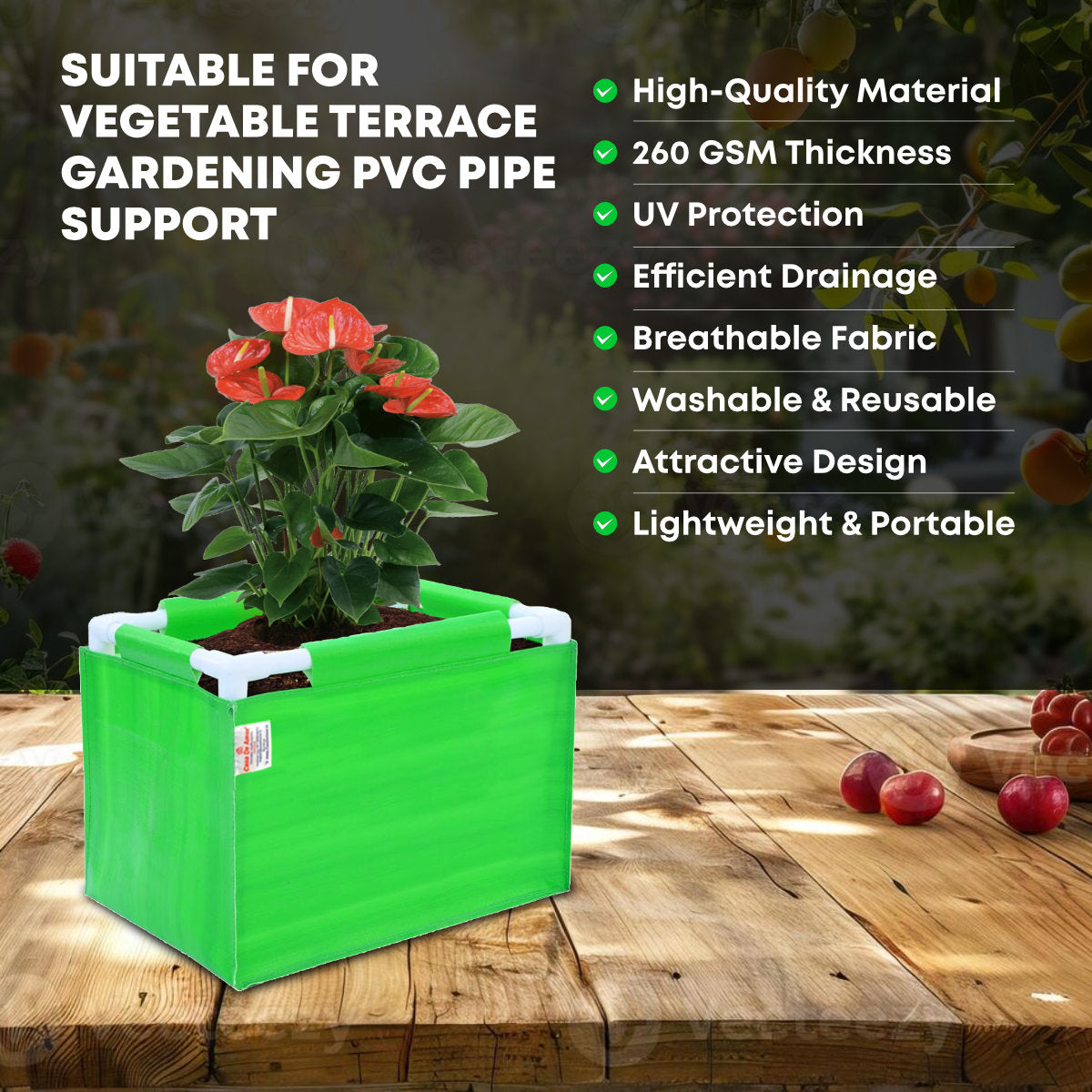 Casa De Amor 260 GSM HDPE Rectangular Grow Bag with PVC Pipe Support - 1.5x1x1 Feet, UV Protected, Green Color (Pack of 1)