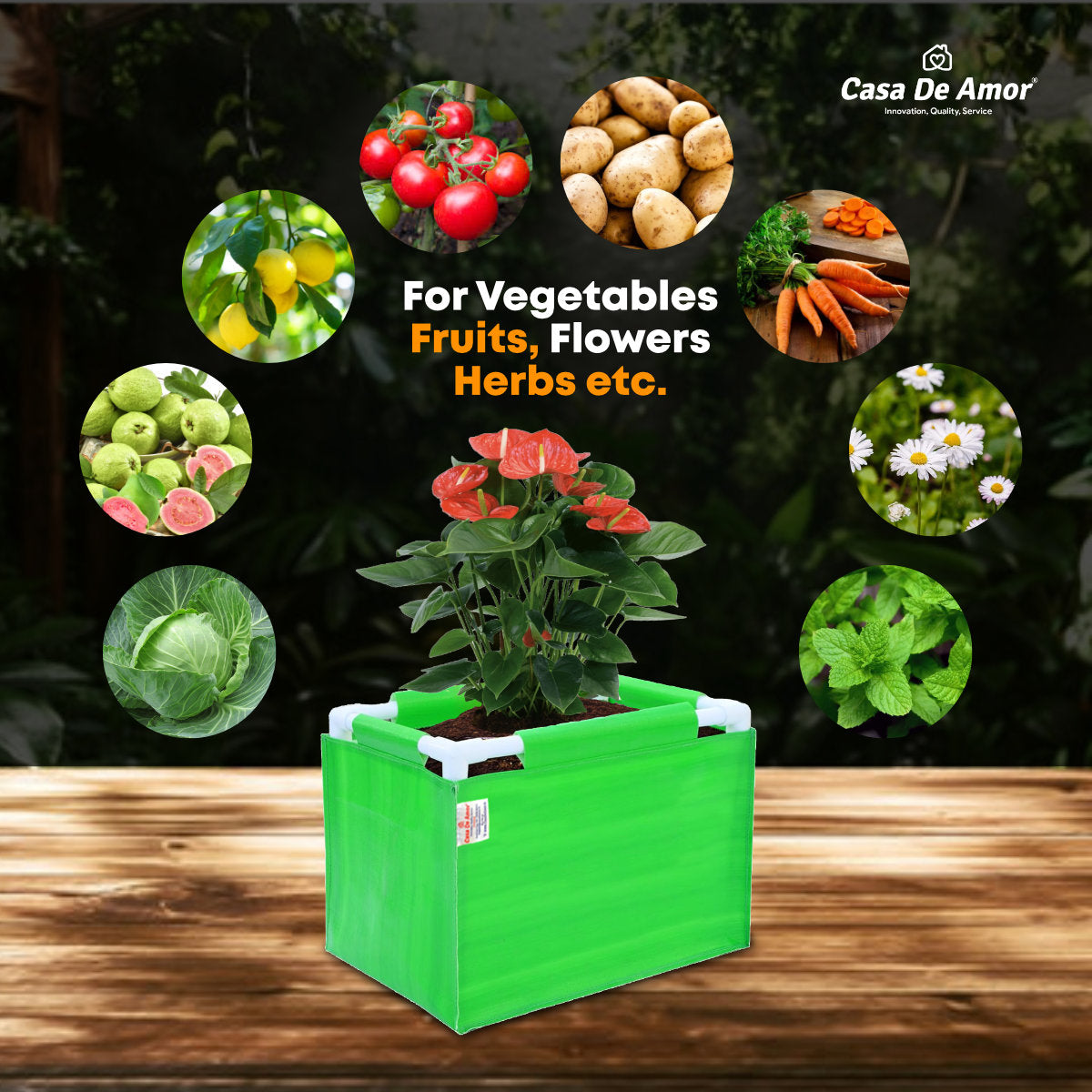 Casa De Amor 260 GSM HDPE Rectangular Grow Bag with PVC Pipe Support - 1.5x1x1 Feet, UV Protected, Green Color (Pack of 1)