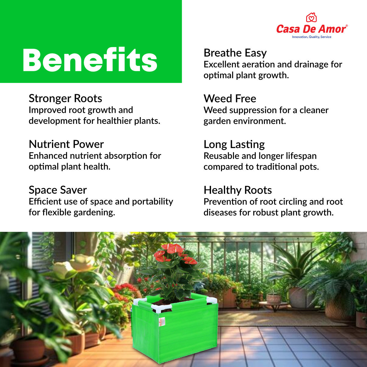 Casa De Amor 260 GSM HDPE Rectangular Grow Bag with PVC Pipe Support - 1.5x1x1 Feet, UV Protected, Green Color (Pack of 1)
