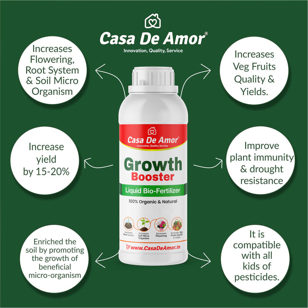 Casa De Amor Flower Booster Fertilizer for Flower Plants (900 GM) +Growth Booster Liquid Bio-Fertilizer (500 ml) for Indoor/Outdoor Plants- Combo Pack