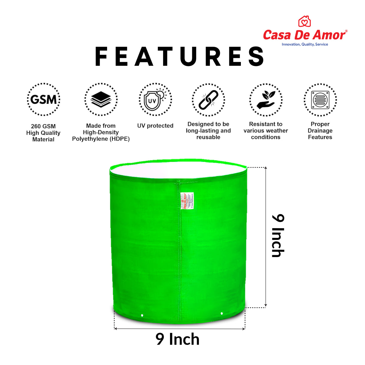 Casa De Amor HDPE Green Grow Bags 9x9 Inches | Terrace Gardening Vegetable, Flower and Herbs | 260 GSM