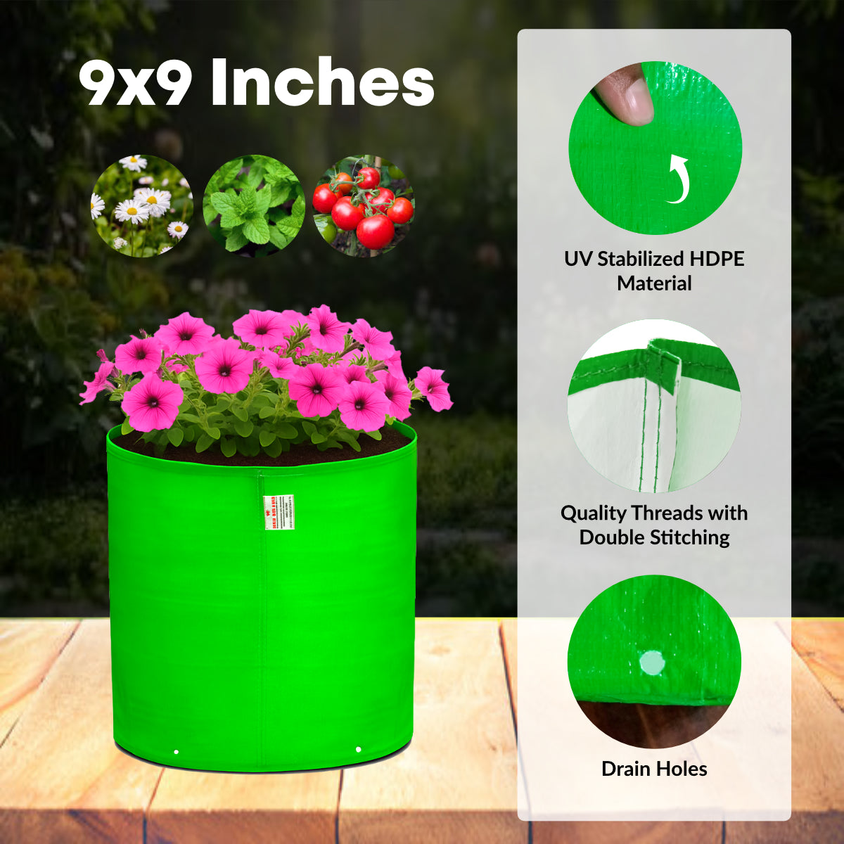 Casa De Amor HDPE Green Grow Bags 9x9 Inches | Terrace Gardening Vegetable, Flower and Herbs | 260 GSM