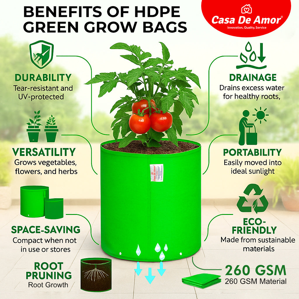 Casa De Amor HDPE Green Grow Bags 9x9 Inches | Terrace Gardening Vegetable, Flower and Herbs | 260 GSM