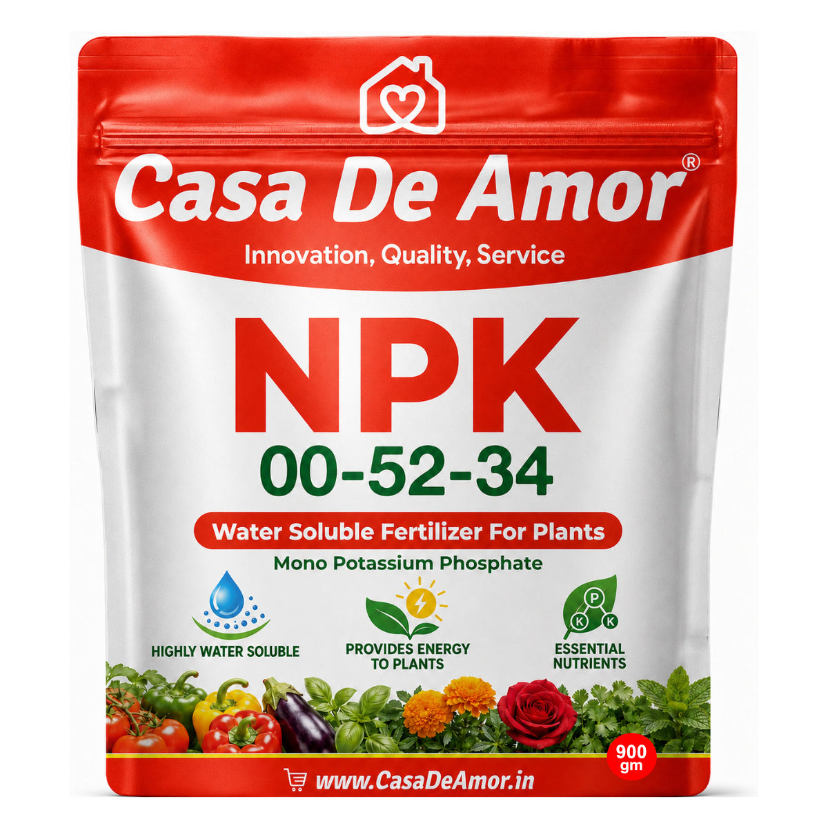 Casa De Amor NPK 00-52-34 Fertilizer for Plants, Fully Water Soluble MKP for Flowering, Fruiting, Foliar Spray, Drip Irrigation & Hydroponics