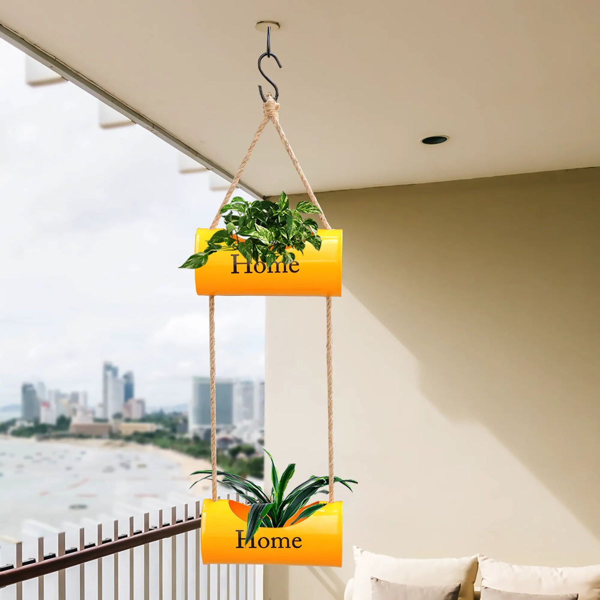 Casa De Amor Two-Tiered Yellow Hanging Metal Planter with Jute Ropes