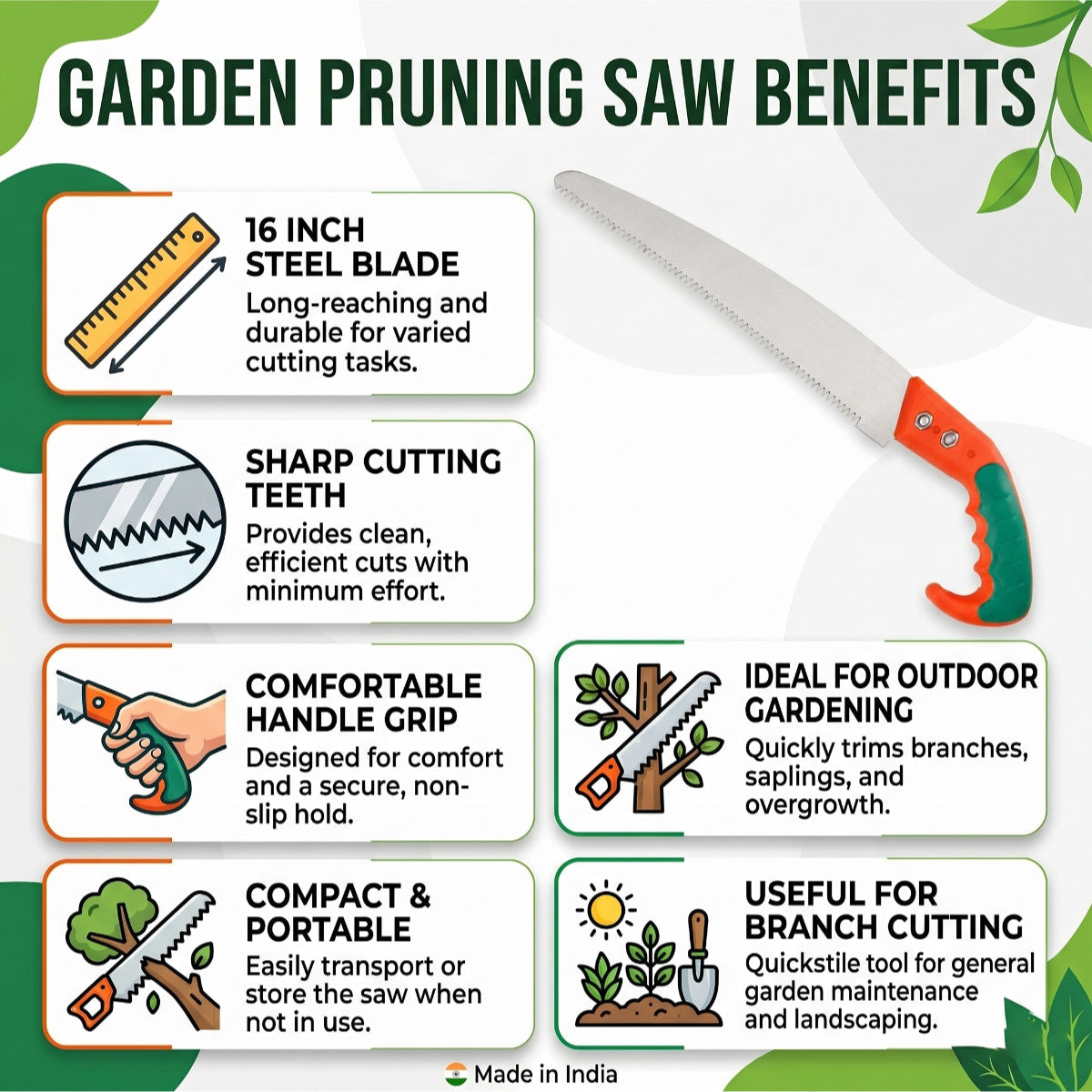 Casa De Amor Garden Pruning Saw 16 Inch, Heavy Duty Hand Saw with Sharp Steel Blade for Tree Branch, Wood Cutting, Pruning, Farming & Outdoor Gardening Use
