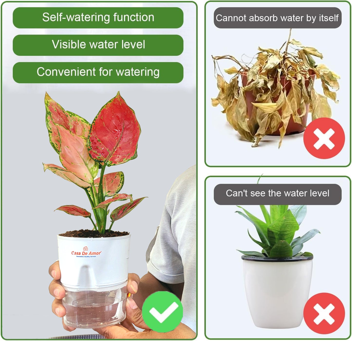 Casa De Amor Self Watering Pots for Home Decor, Living Room, Tabletop | Plants not Included | Cocopeat Free ( Round Pot )