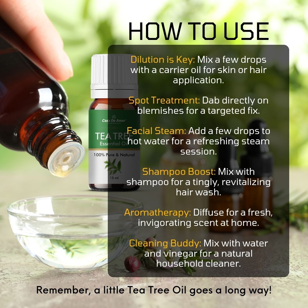 Casa De Amor Tea Tree Oil | For Skin, Hair, Face | Reduces Acne, Promotes Blemish Free Skin, Improves Hair Growth | 15ML