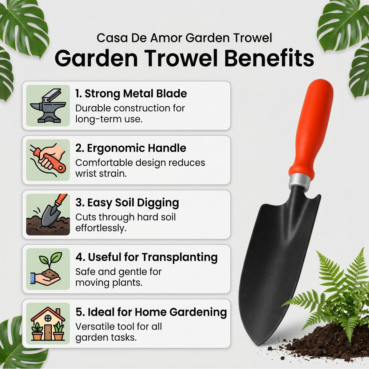 Casa De Amor Garden Trowel 1 Pc, Metal Blade Hand Shovel with Ergonomic Handle for Digging, Planting, Transplanting, Soil Loosening, Balcony, Indoor & Outdoor Gardening Tool