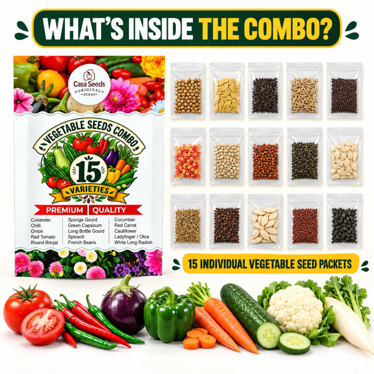 Casa De Amor Hybrid F1 Vegetable Seeds Combo, 15 Varieties for Home Kitchen Garden, Tomato, Chilli, Brinjal, Capsicum, Gourds, Spinach & More, Seeds for Pots, Grow Bags and Terrace