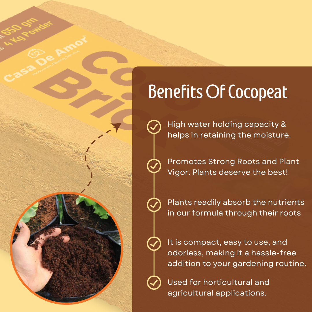 Casa De Amor Cocopeat Brick (650gm) High Water-Holding Capacity, Expands to 4kg Powder