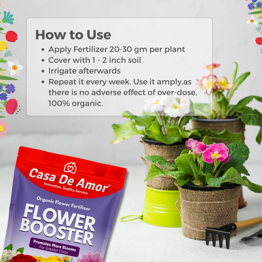 Casa De Amor Flower Booster Fertilizer for Flower Plants (900 GM) +Growth Booster Liquid Bio-Fertilizer (500 ml) for Indoor/Outdoor Plants- Combo Pack