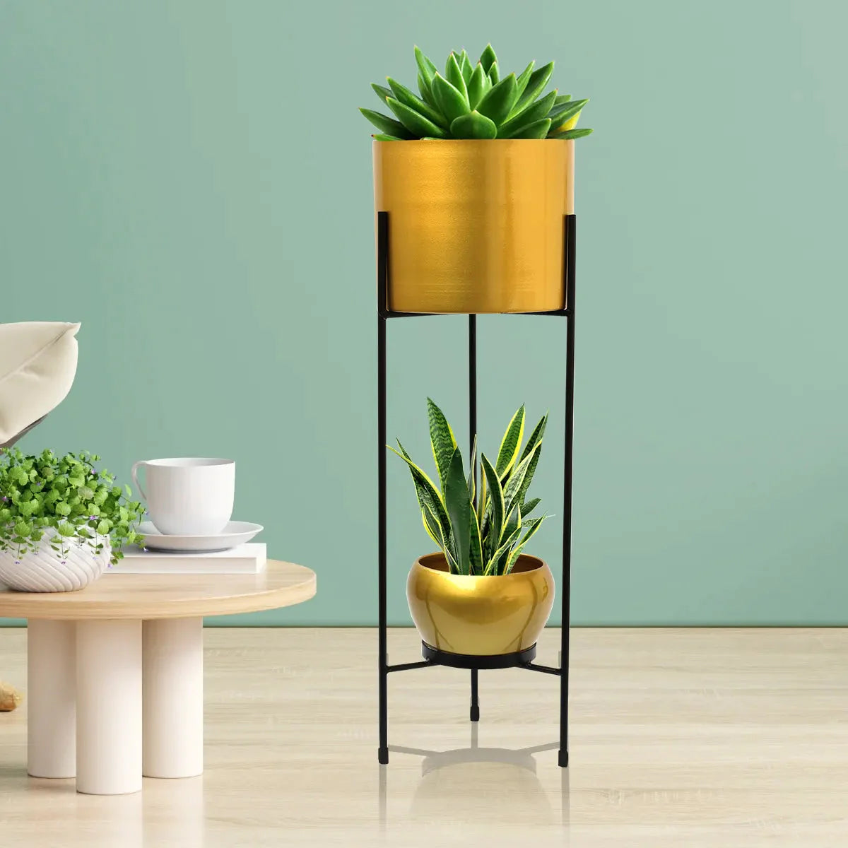 Casa De Amor Round Metal Planters with Double Decker Stand for Indoor Plants on the Floor