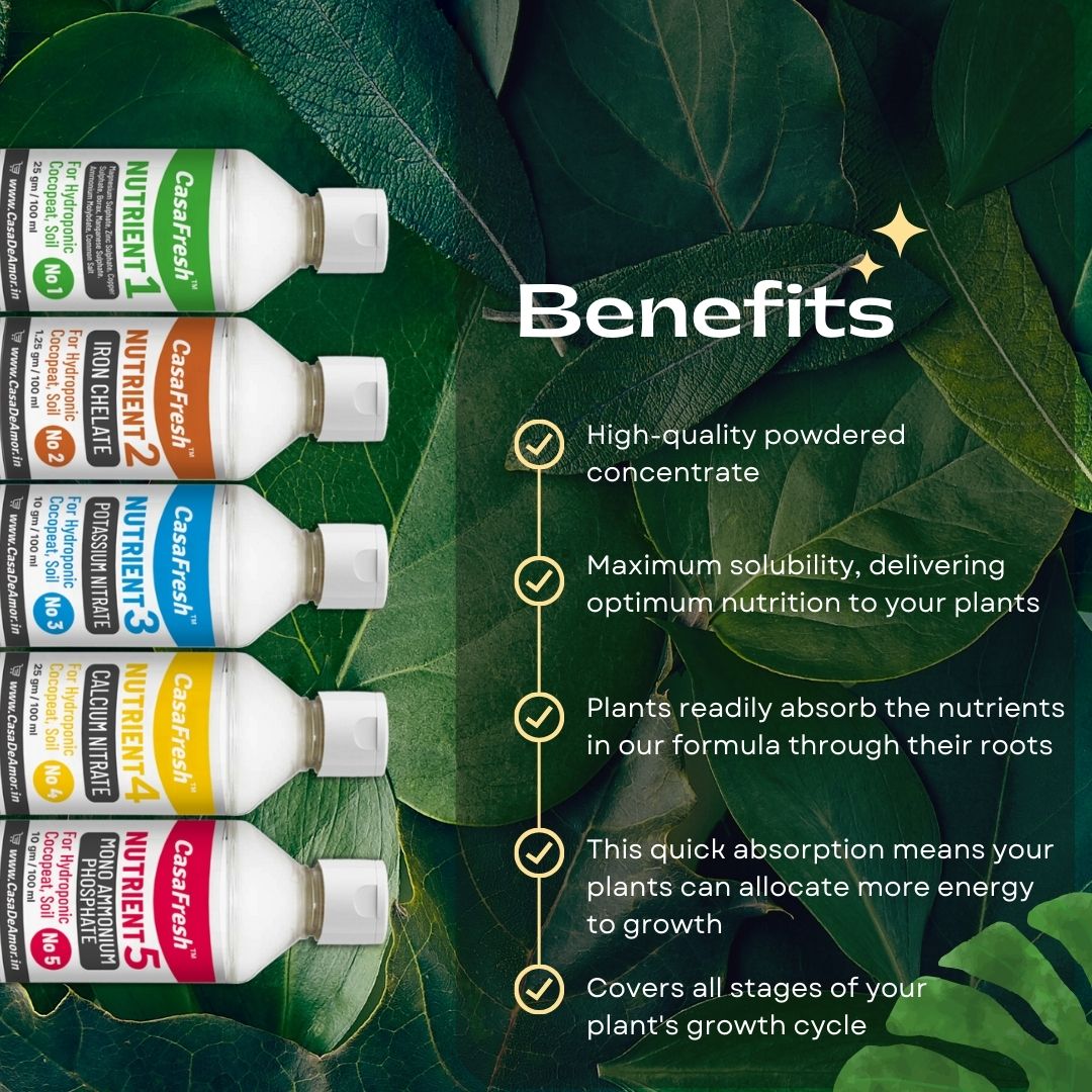 CasaFresh Hydroponic Nutrients 5 Part (Powder Form - 100 ML individual nutrient solution that converts to a 100 Litre Balanced Nutrient) - Complete Plant Nutrition for Leafy Greens and Fruiting Plants