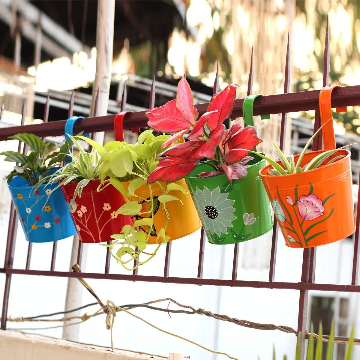 Casa De Amor Colorful Round Shape Railing, Balcony Hanging Metal Planters (Multicolored) (Set of 5)