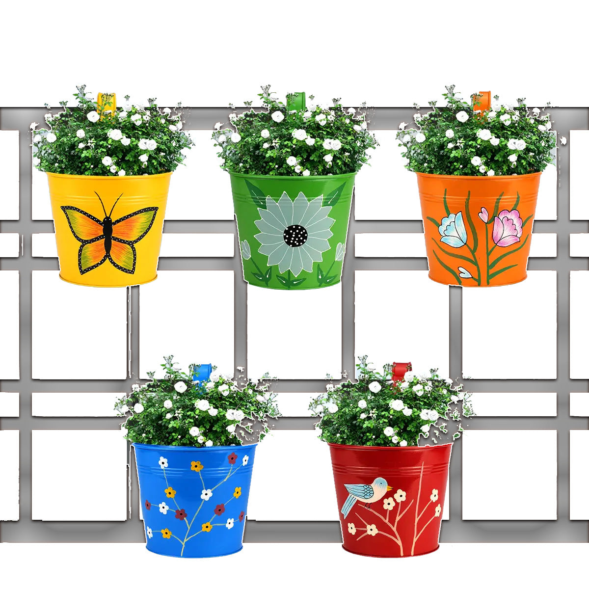 metal plant pots hanging Casa De Amor Colorful Round Shape Railing, Balcony Hanging Metal Plant